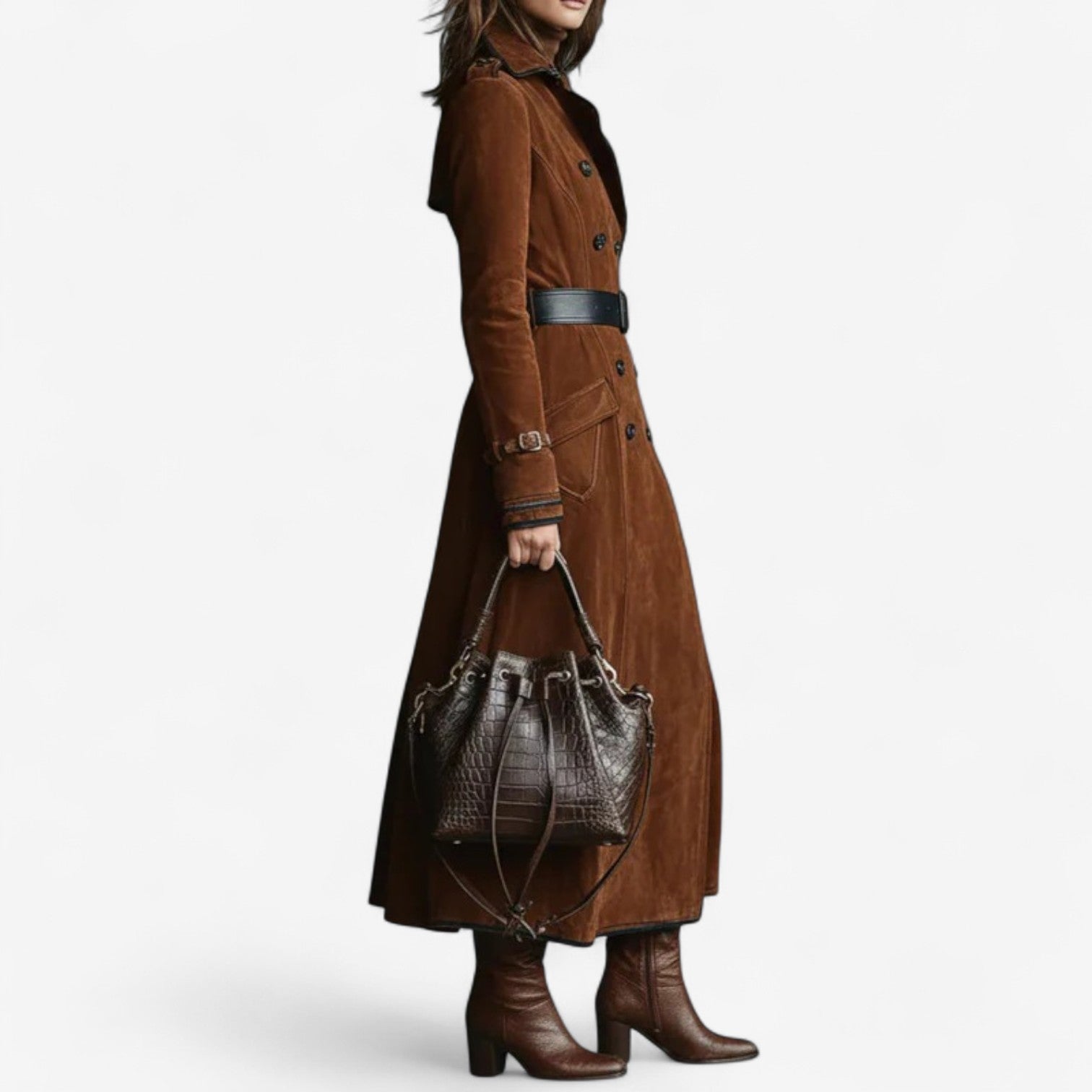 Nathaly™ Elegante trench in pelle scamosciata